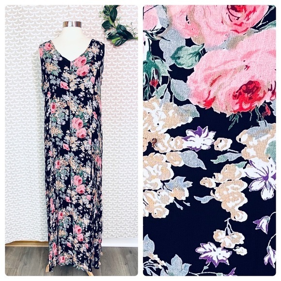 Vintage Dresses & Skirts - Vtg 90s Cottagecore Floral Chiffon Maxi Dress Boho Newport News